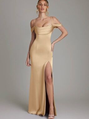 Azazie Champagne Off-Shoulder Evening Gown with High Slit